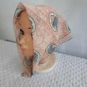 Vintage USA Head Scarf 80s Bohemian Pink White Floral Flowers Bandana Polyester